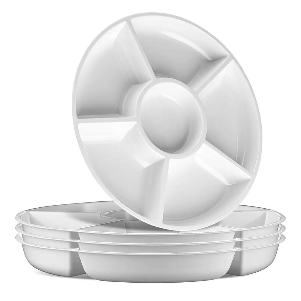 4 pack, Sectional Round Plastic‎ Serving Tray/Platter (White)